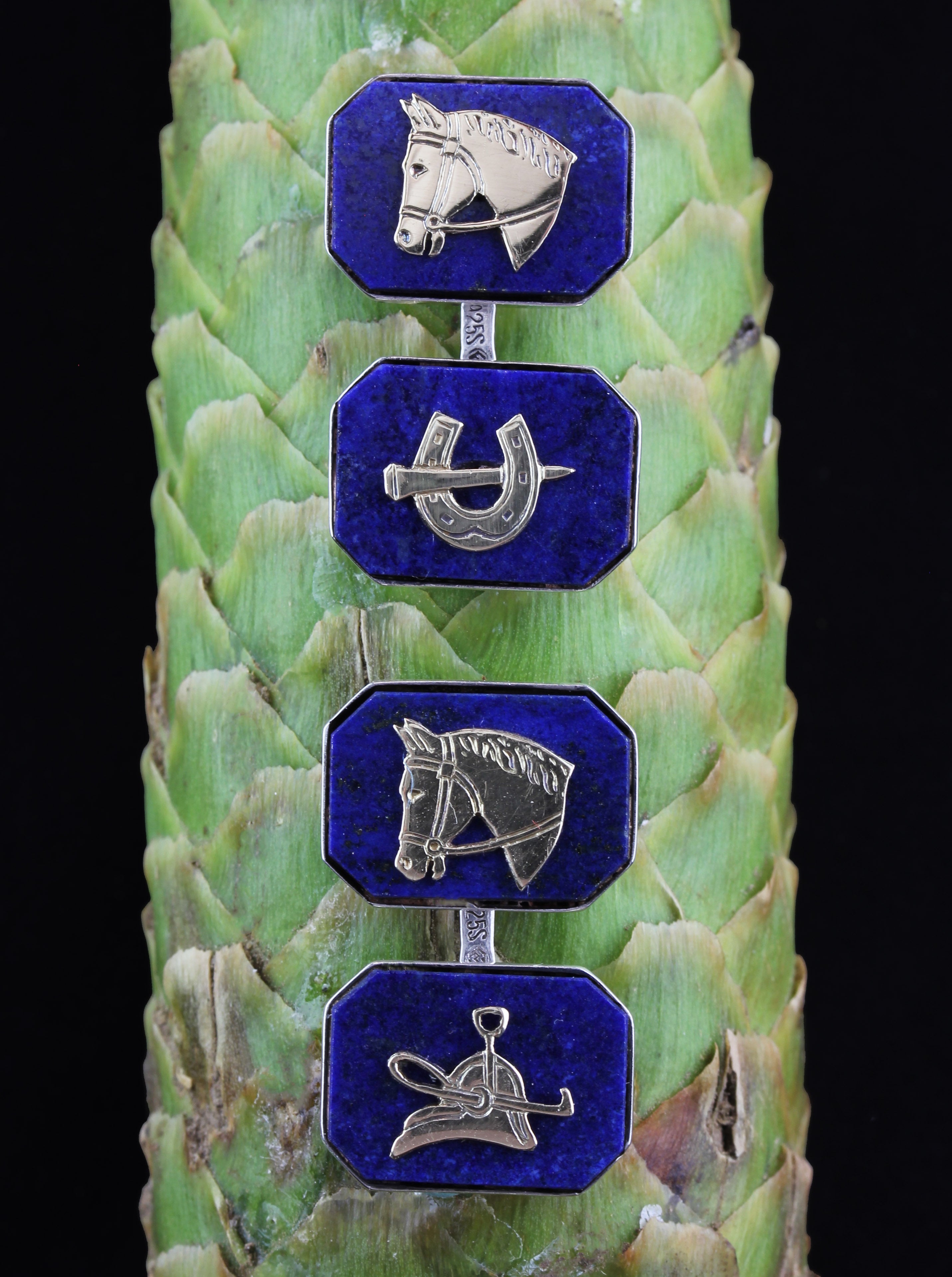 Silver horsemen cufflinks with lapis lazuli made by Victor Mayer