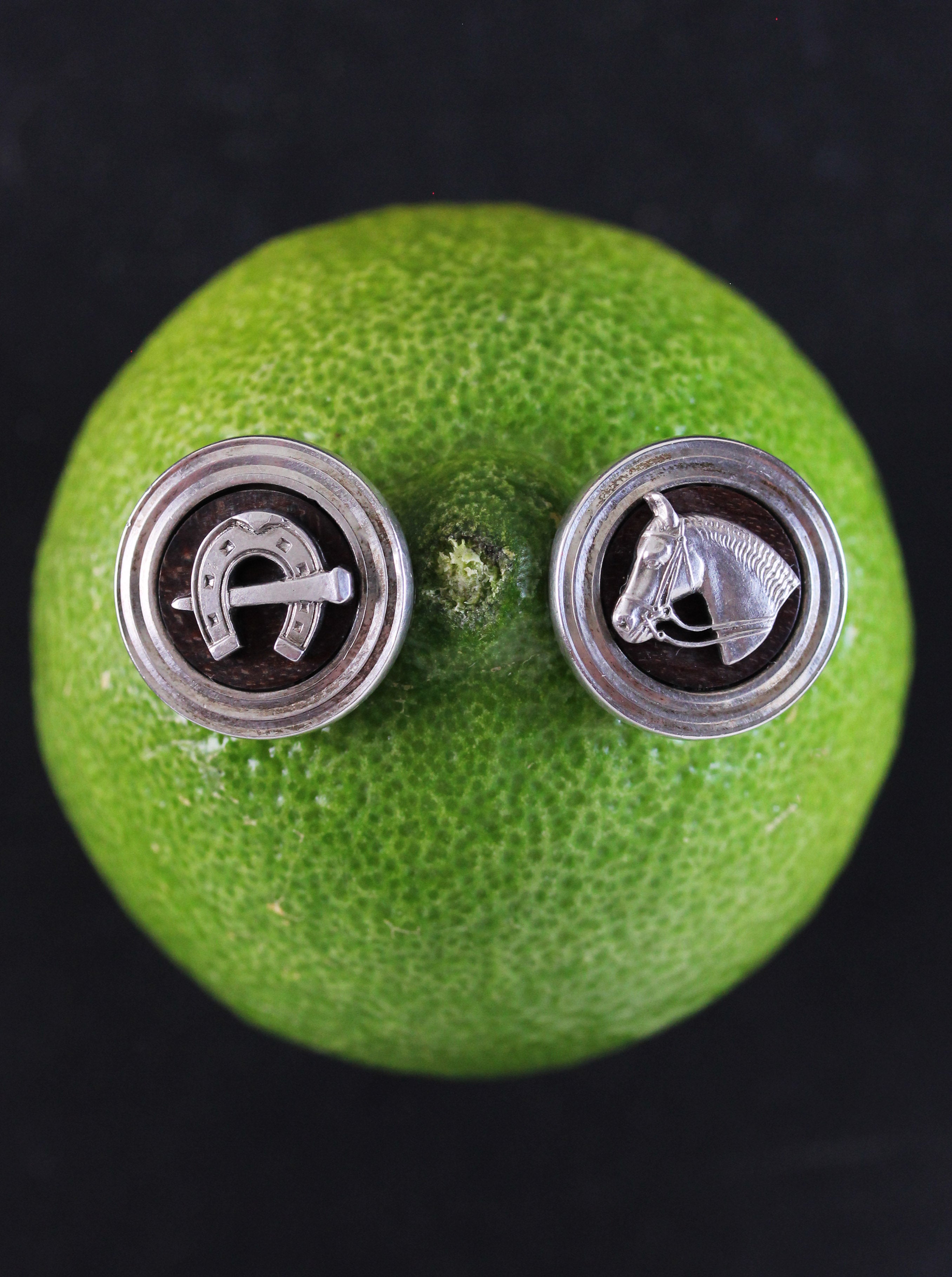 Silver horse cufflinks with rose wood made by Victor Mayer