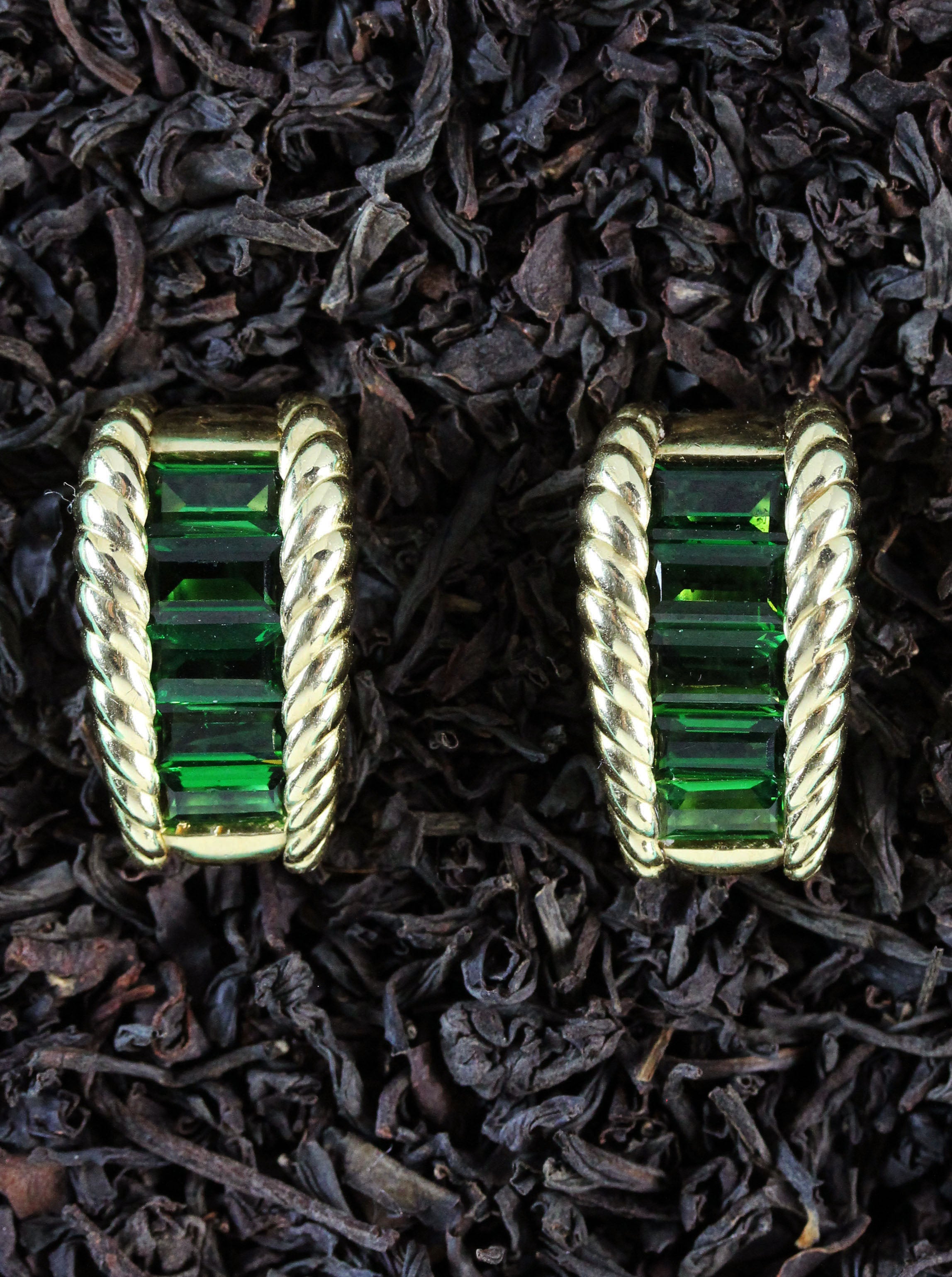 Fine gold creoles with green tourmalines