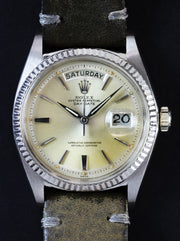 ROLEX Day-Date, ref. 1803, in white gold from 1963 with a charming patina dial