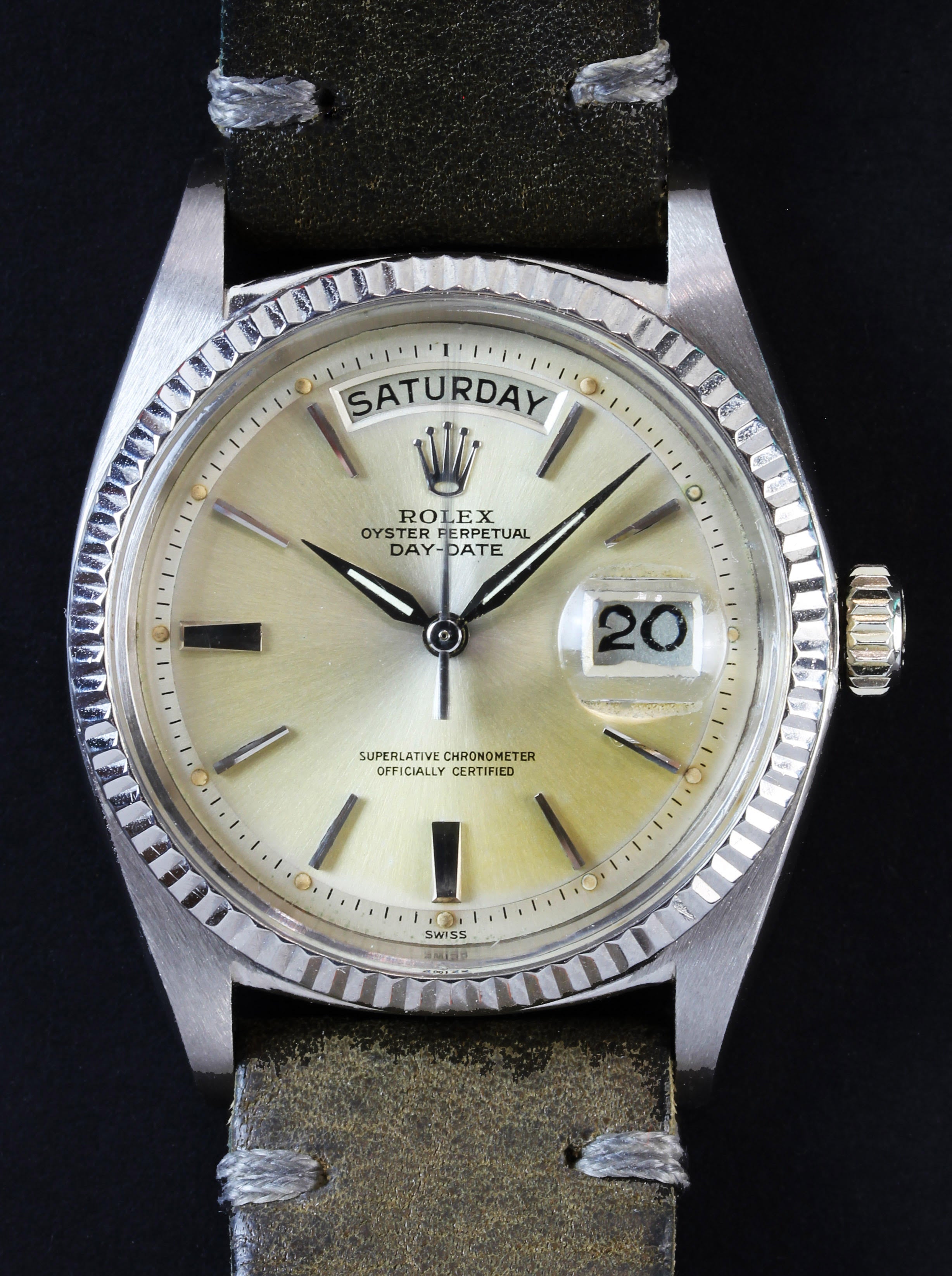 ROLEX Day-Date, ref. 1803, in white gold from 1963 with a charming patina dial