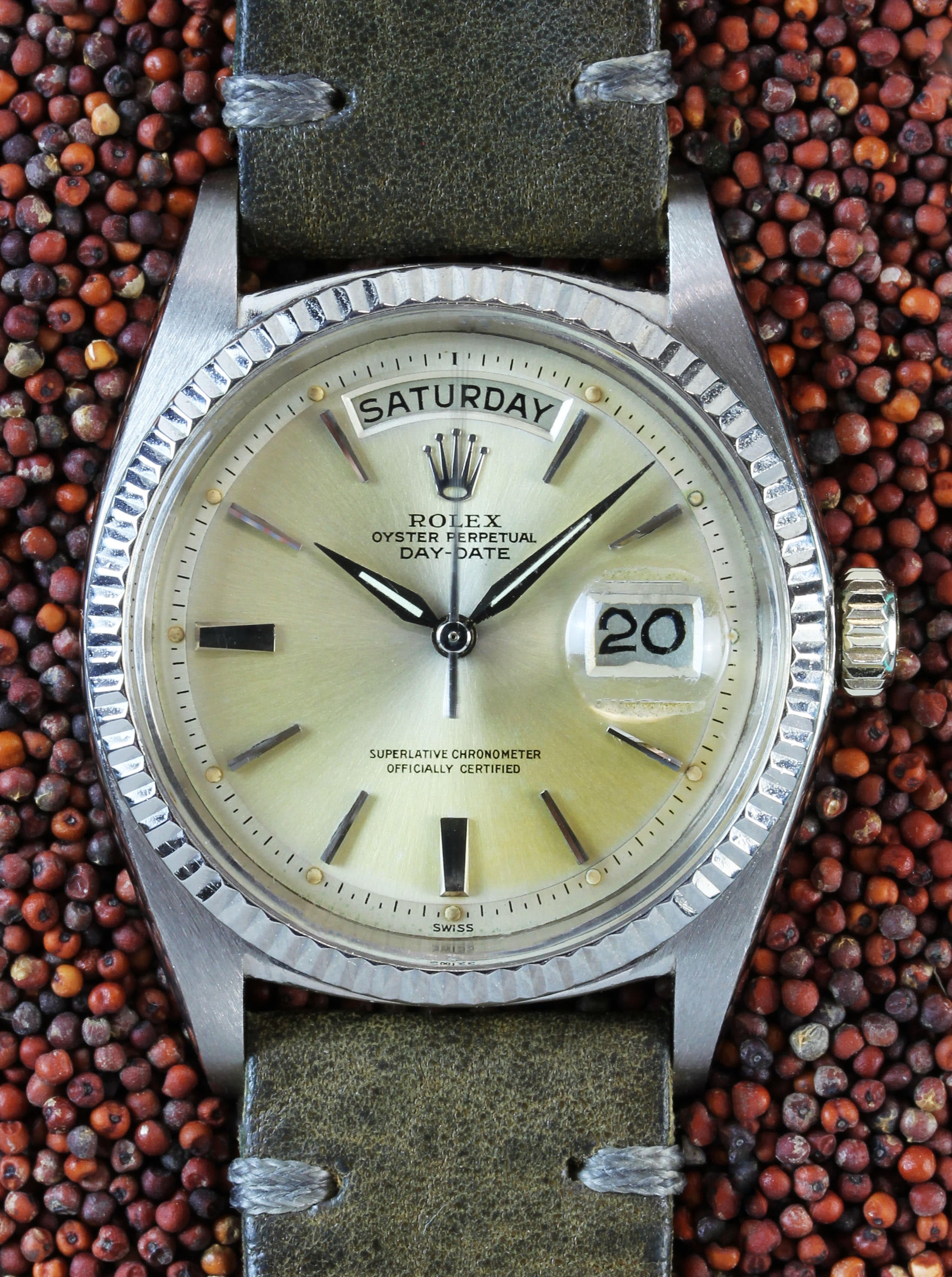 ROLEX Day-Date, ref. 1803, in white gold from 1963 with a charming patina dial