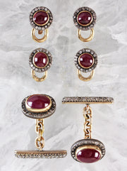 Vintage Russian set of cufflinks & studs in rose gold, silver, diamonds & rubies made by Fabergé jeweler August Holmström