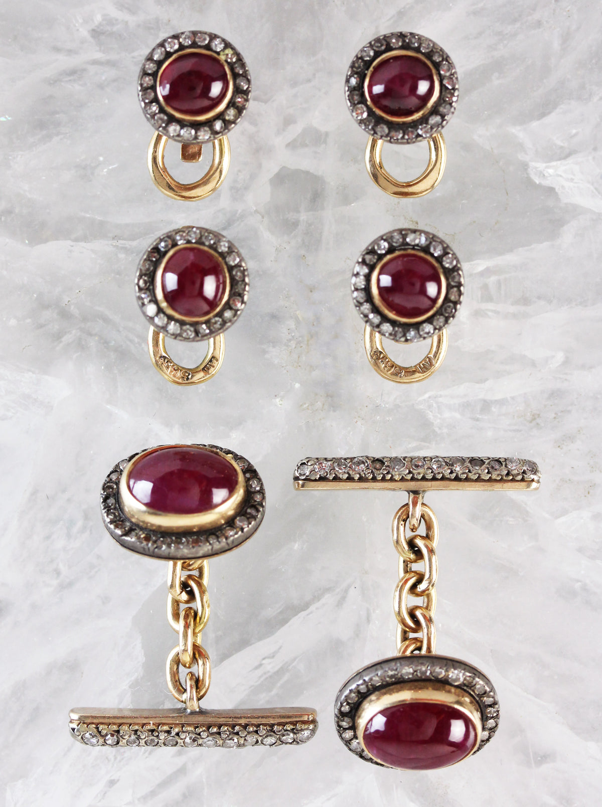 Vintage Russian set of cufflinks & studs in rose gold, silver, diamonds & rubies made by Fabergé jeweler August Holmström