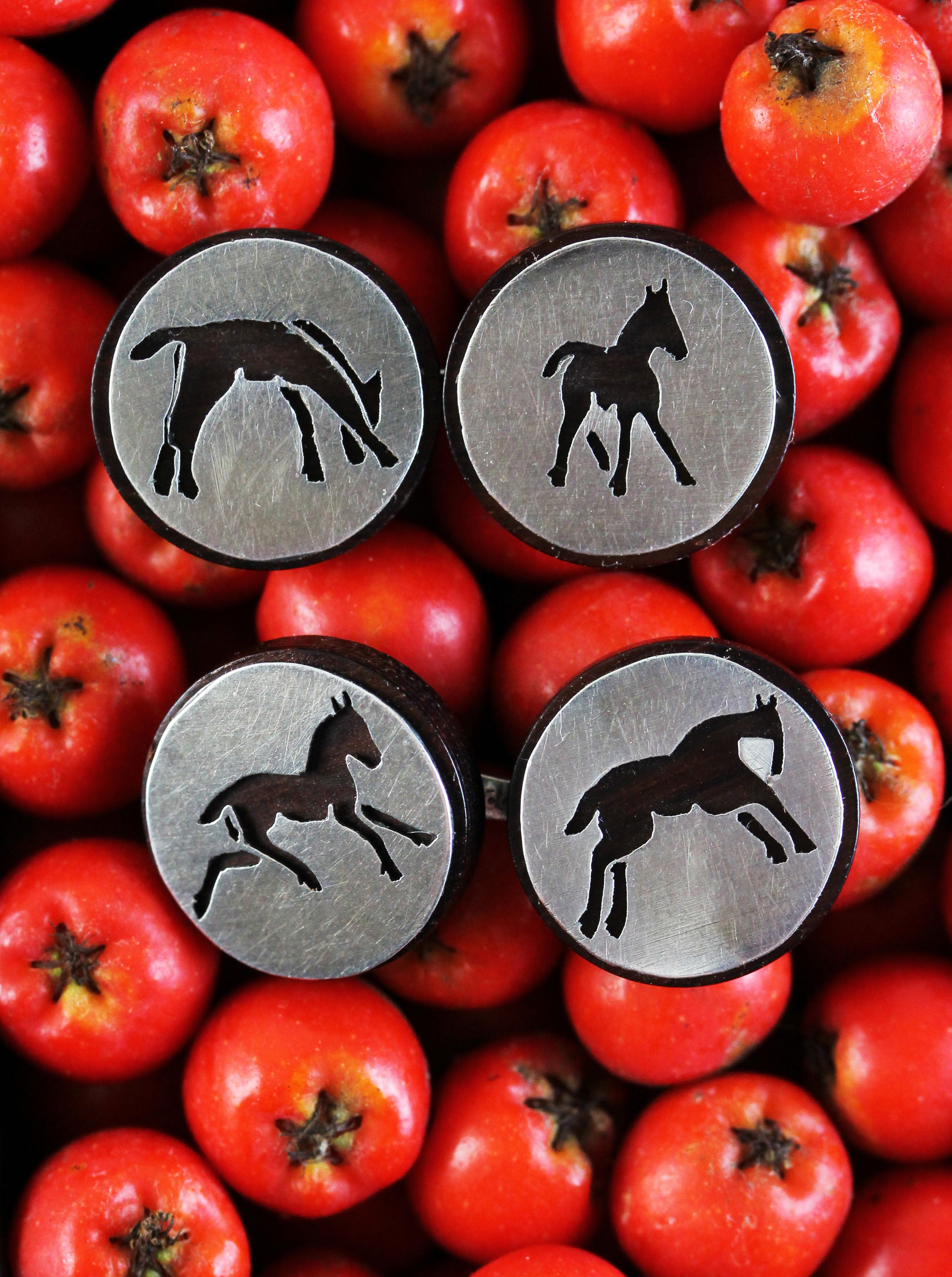 Cufflinks with horses foal in silver on rosewood made by Victor Mayer