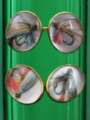 Vintage fly-fishing cufflinks in gold & rock crystal