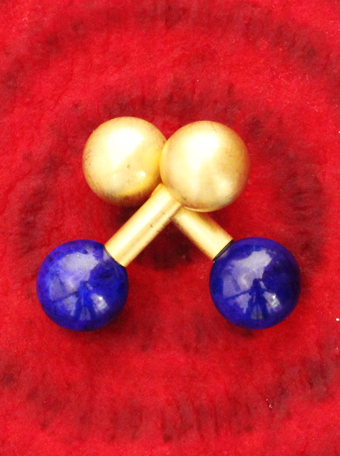 Gold barbell cufflinks with laips lazuli balls