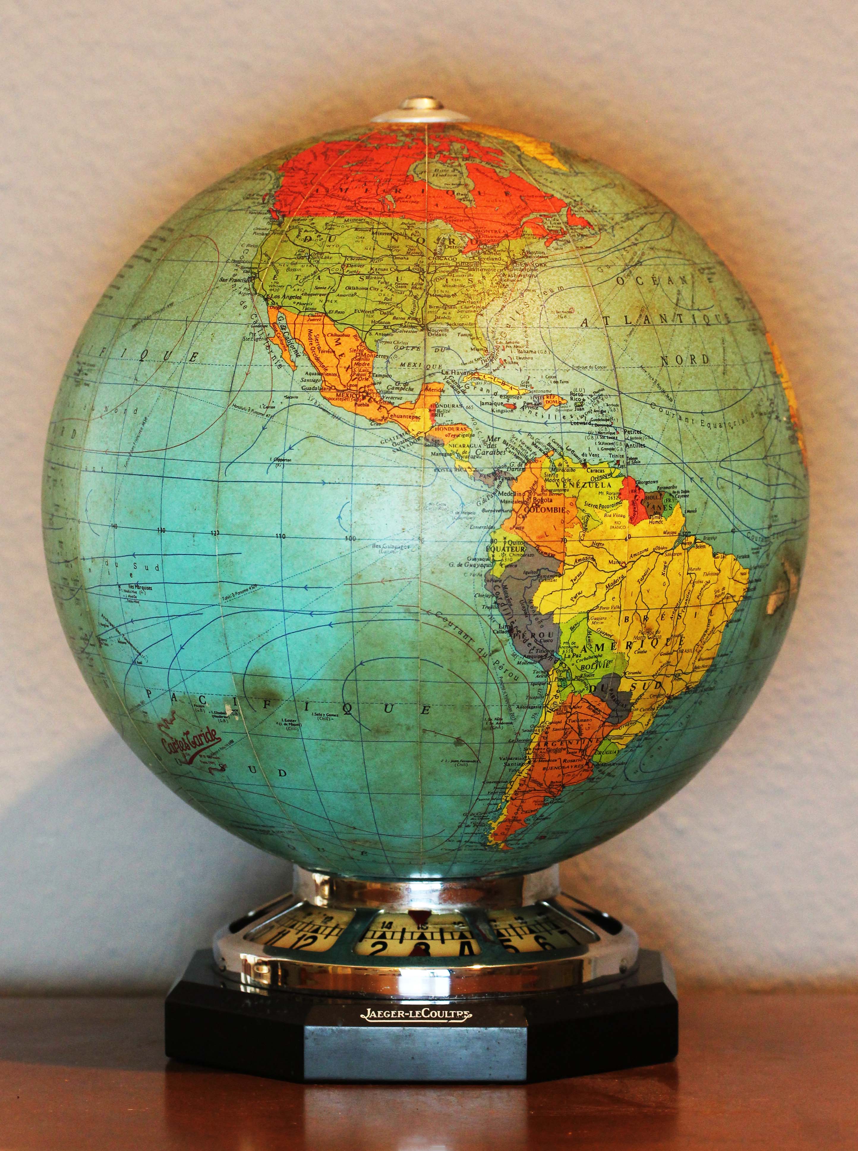 Jaeger LeCoultre illuminated world globe table clock from 1935