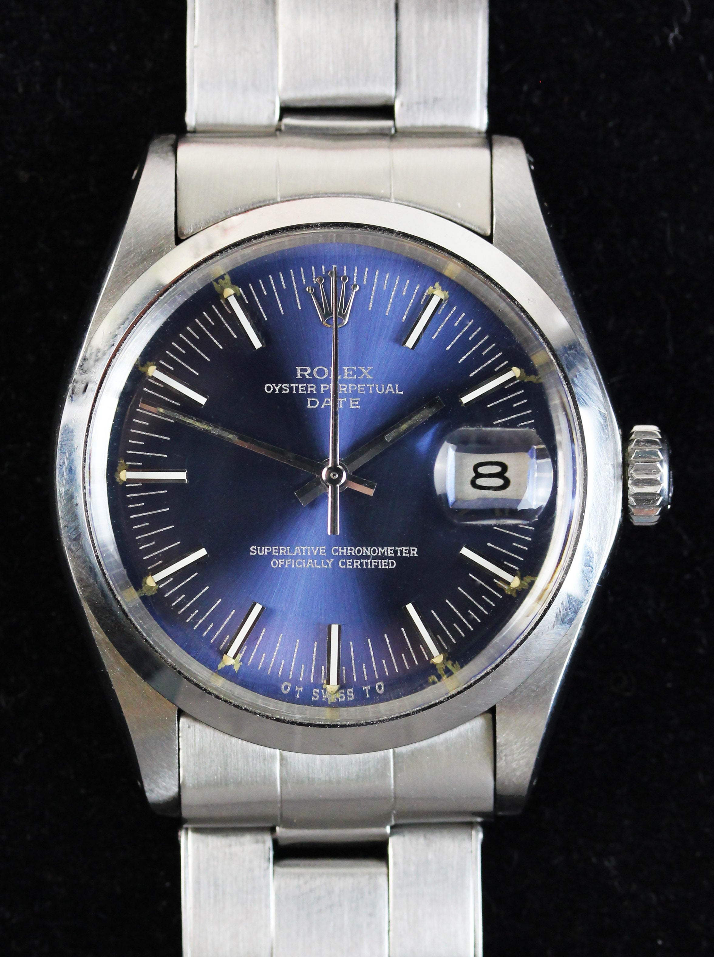 ROLEX Date from 1974, ref. 1500, with rare blue "long minute dial"