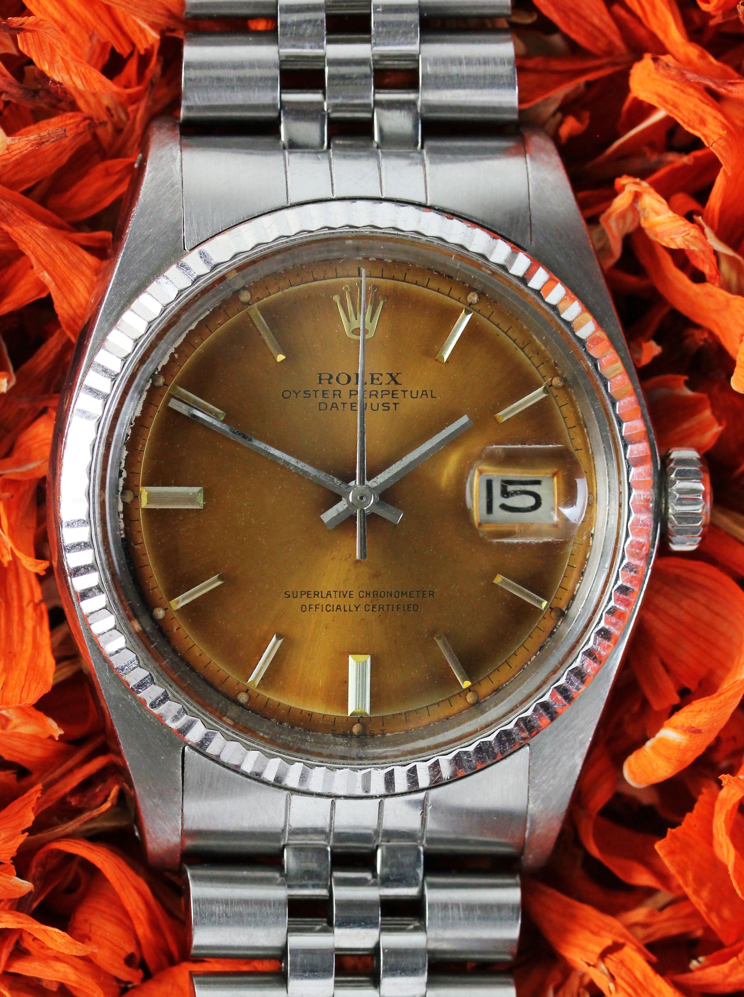Vintage ROLEX Datejust, ref. 1601, from 1974 with a rare tropical dial