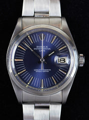 ROLEX Date, ref. 1500 from 1971, with rare radial tritium blue "long minute" dial