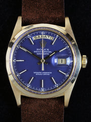 Rare vintage ROLEX Day-Date, reference 1802 from 1970, with a flat bezel & a rare blue dial
