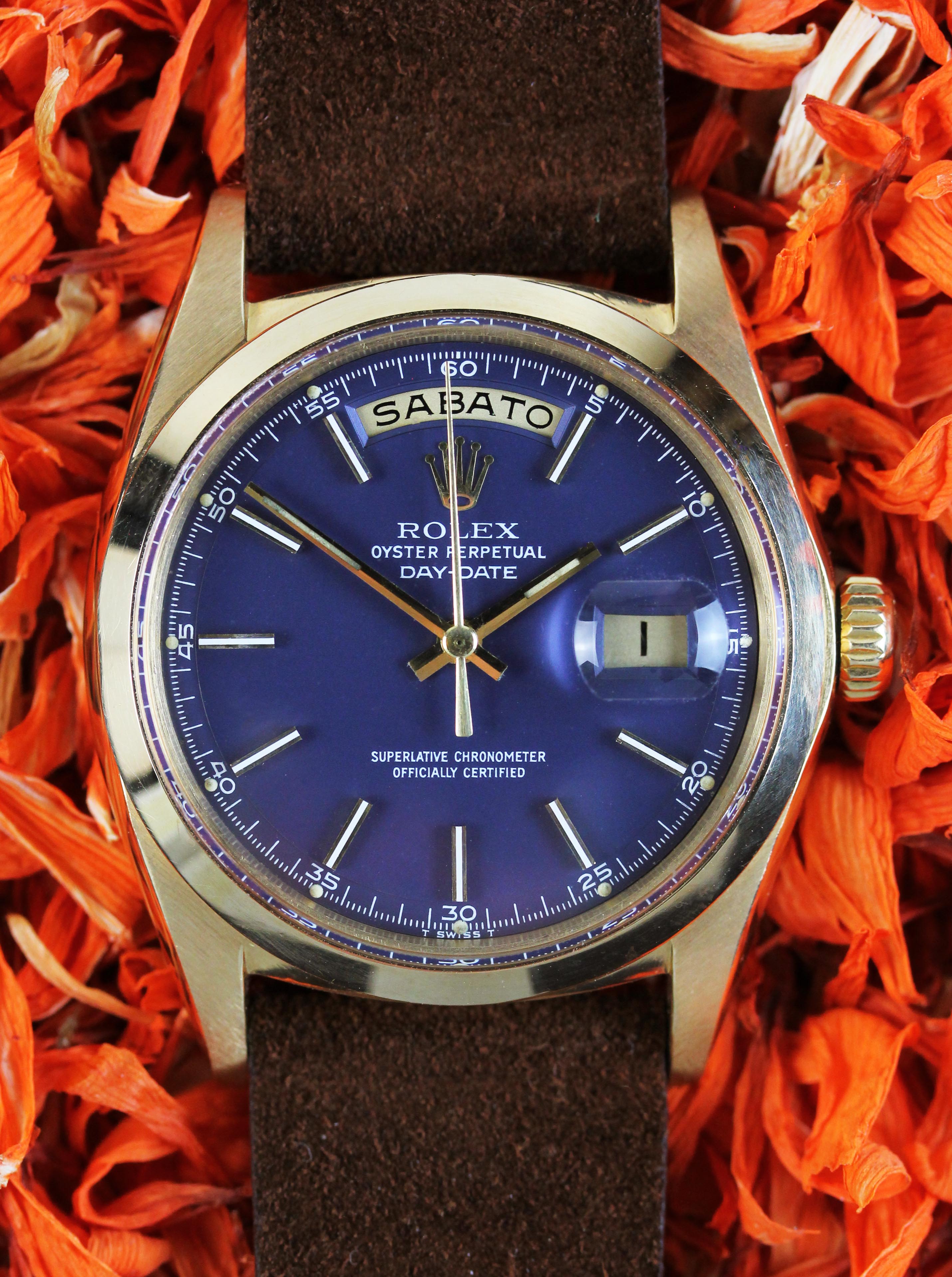 Rare vintage ROLEX Day-Date, reference 1802 from 1970, with a flat bezel & a rare blue dial